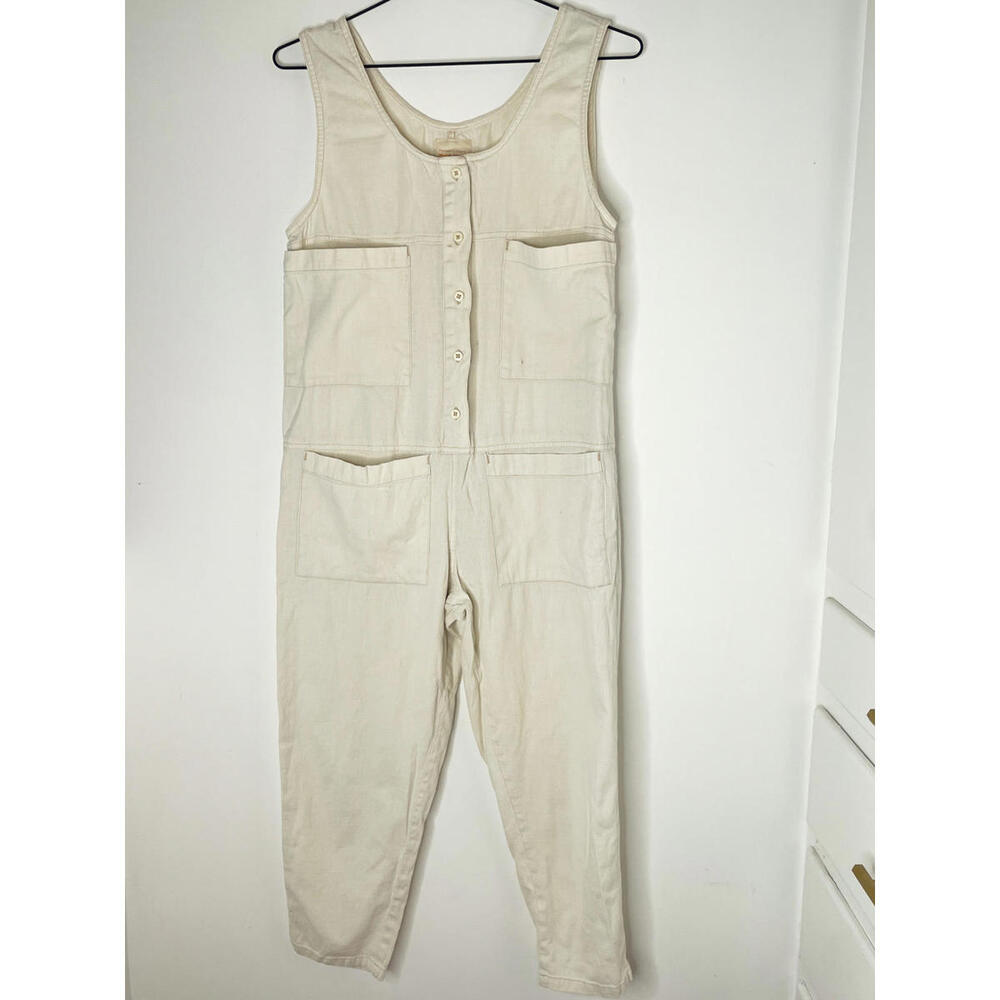 Cream Billabong Button-Up Sleeveless Jumpsuit with Pockets